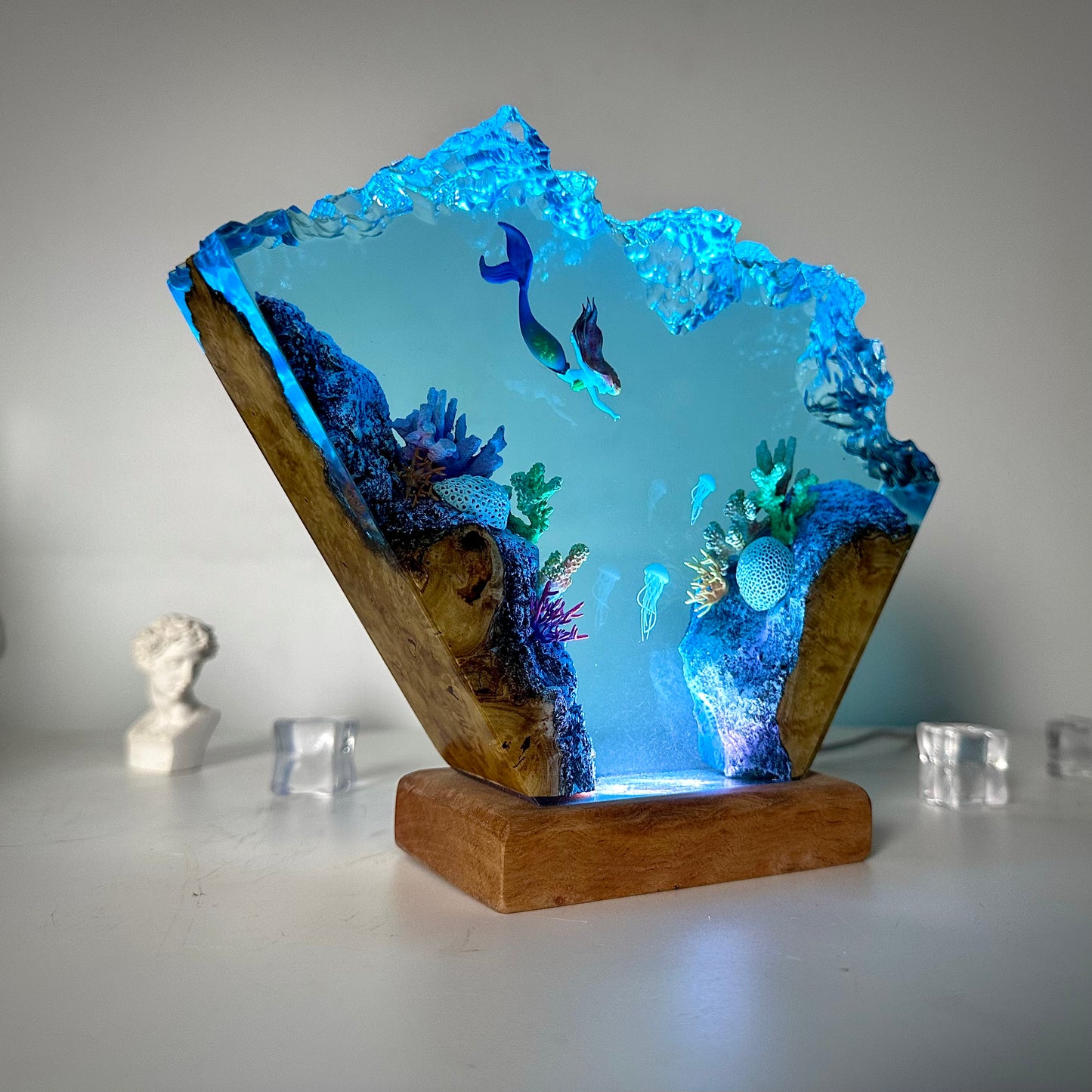 Mermaid Epoxy Resin Wood Lamp