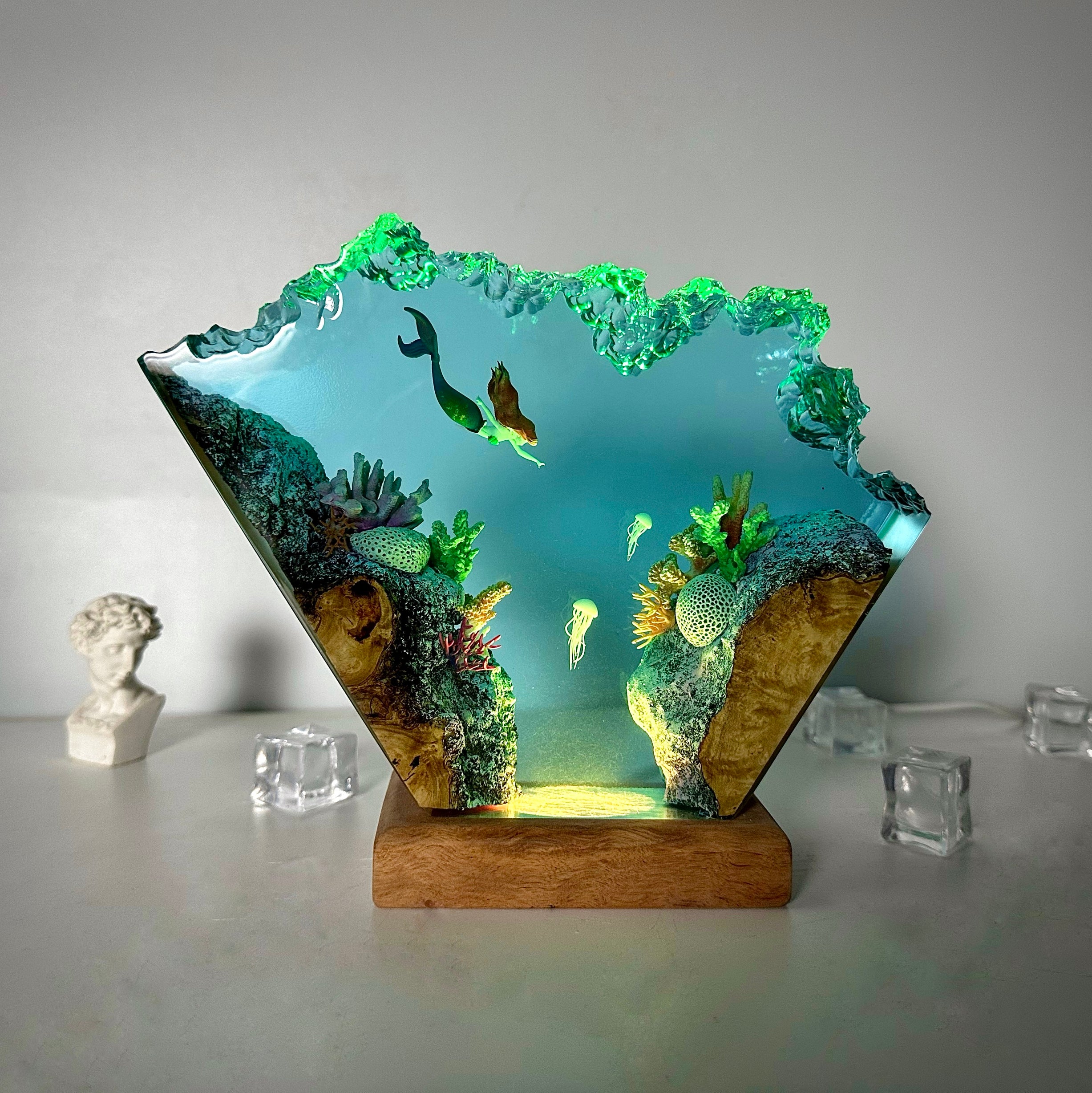 Mermaid Epoxy Resin Wood Lamp