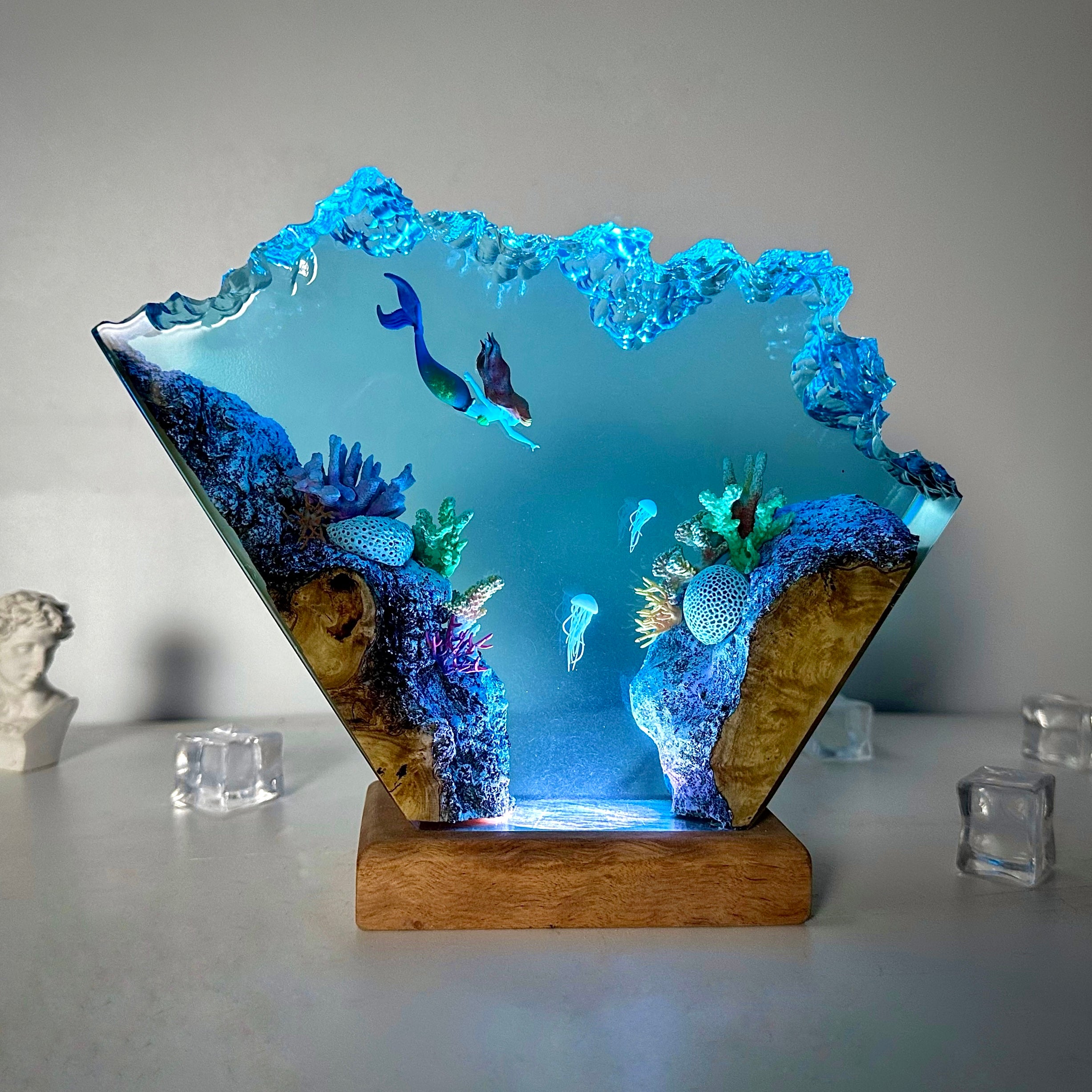 Mermaid Epoxy Resin Wood Lamp